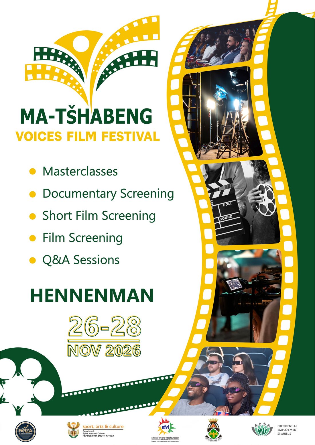 Festival poster: Ma-Tšhabeng Voices Film Festival, Hennenman, 26 to 28 November 2026. Masterclasses, documentary screening, short film screening, film screening and Q&A sessions.